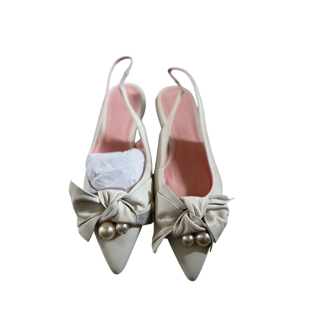 Arezzo Slingback Flats Womens 7B Cream Leather Bow Pearl Pointed Toe‎
